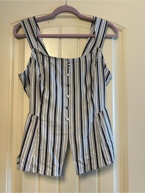 NWT Bella Poque Black and White Striped Button-Front Peplum Top